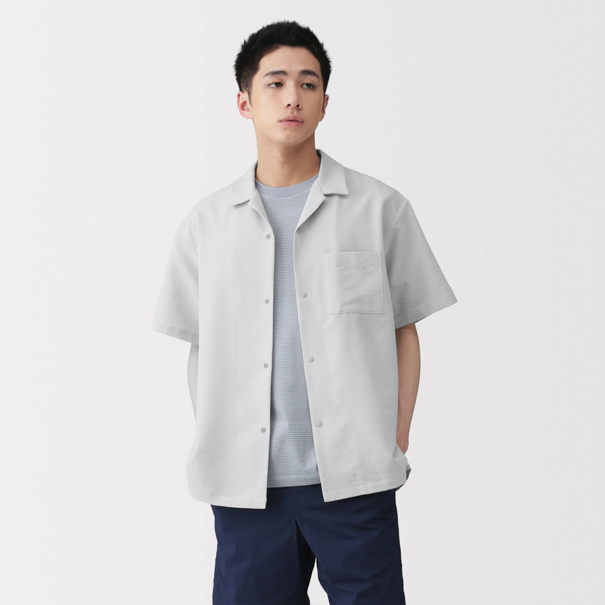 Breathable Seersucker Open Collar Shirt - Image 3
