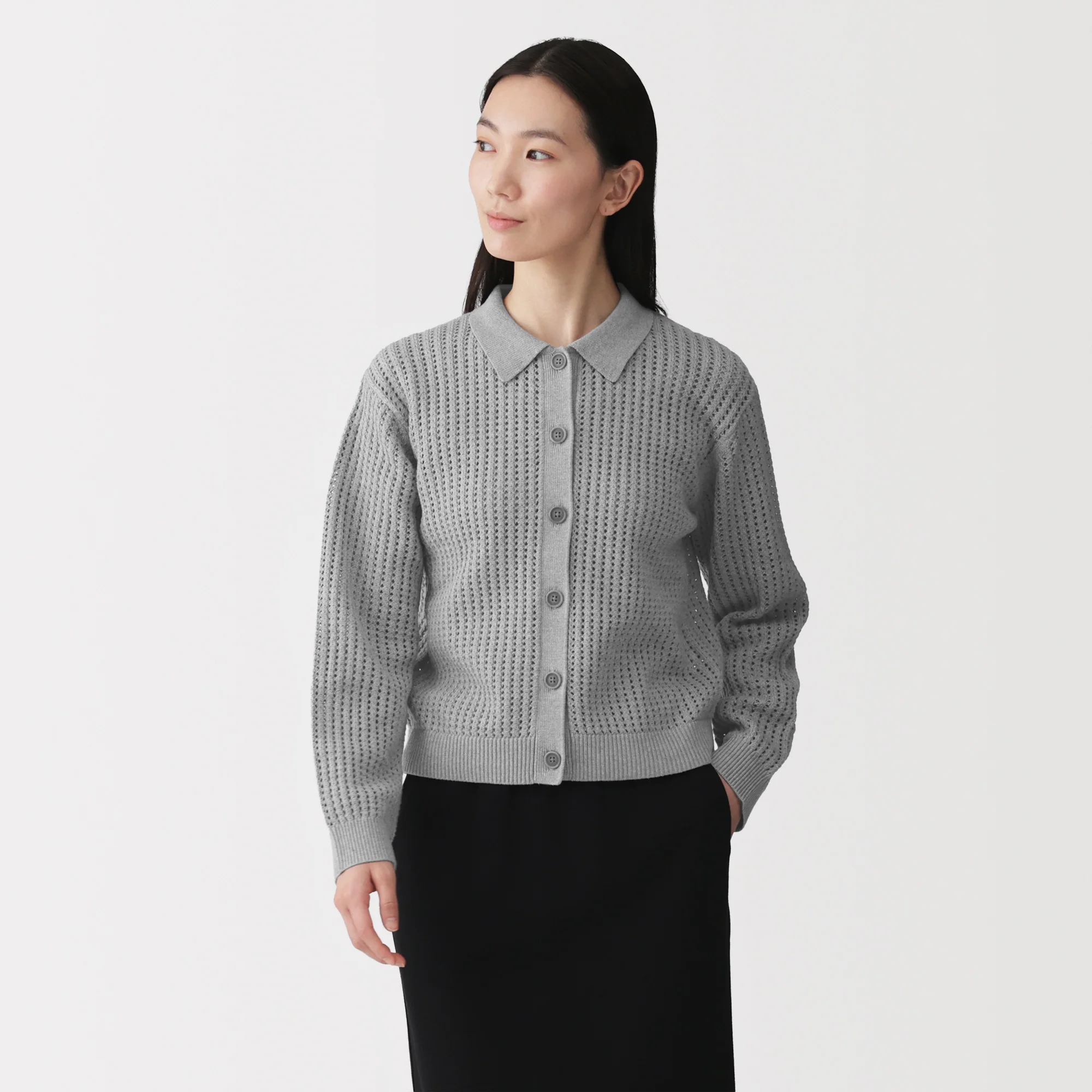 Cotton Blend Mesh Polo Cardigan - Image 3