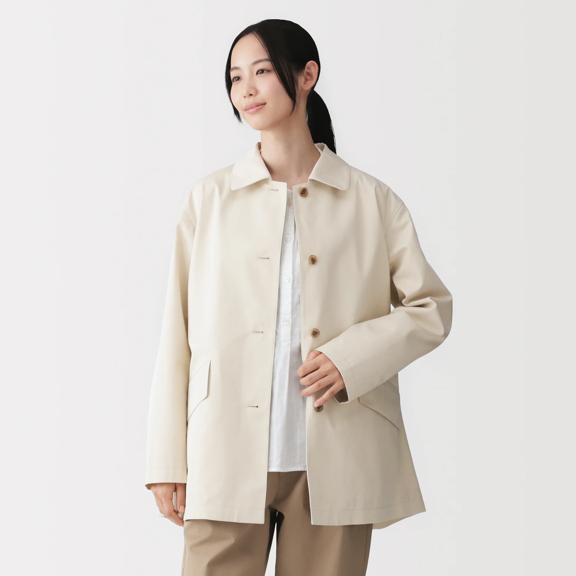 Cotton Twill Stand Fall Collar Coat - Image 23