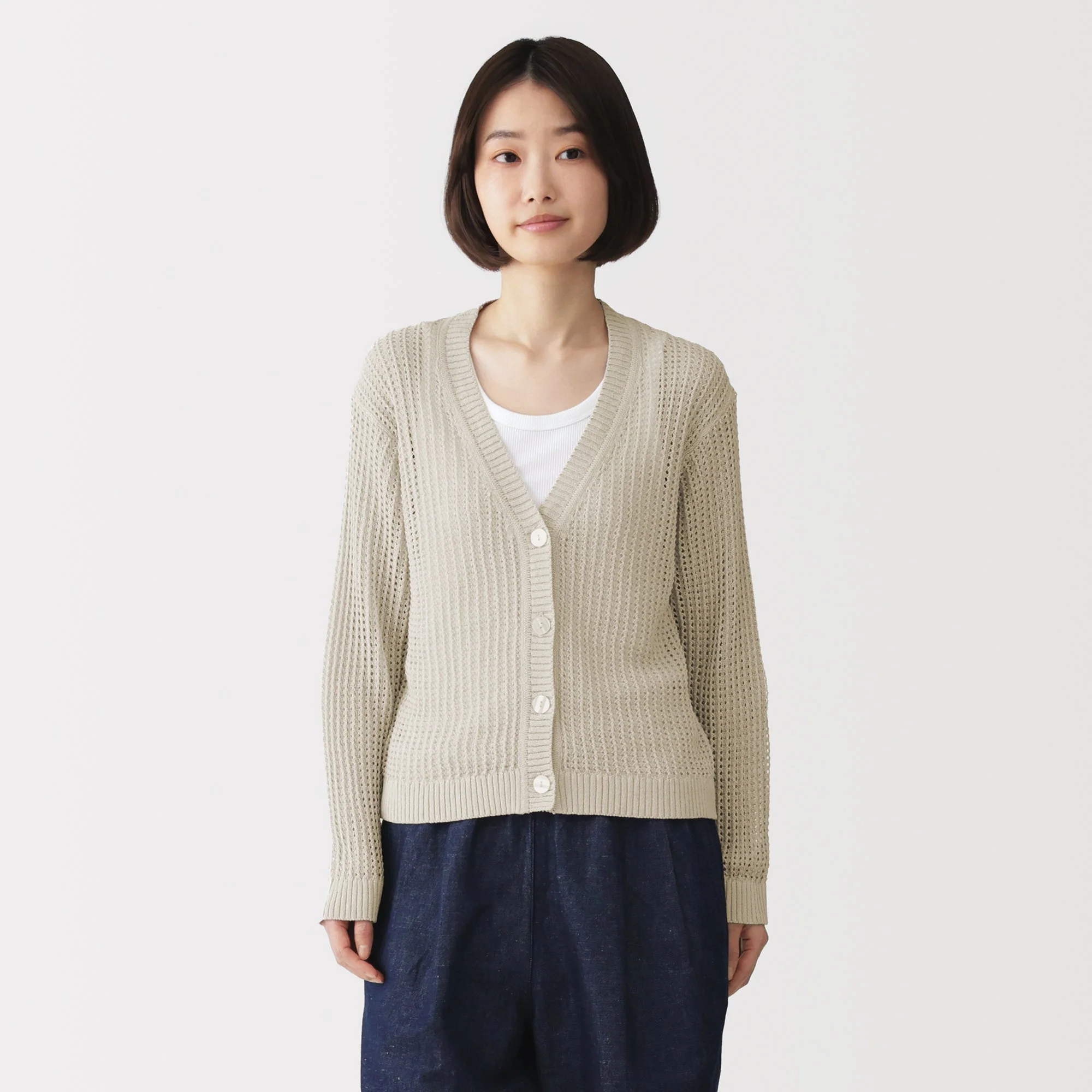 Linen Blend Mesh V-Neck Cardigan - Image 19