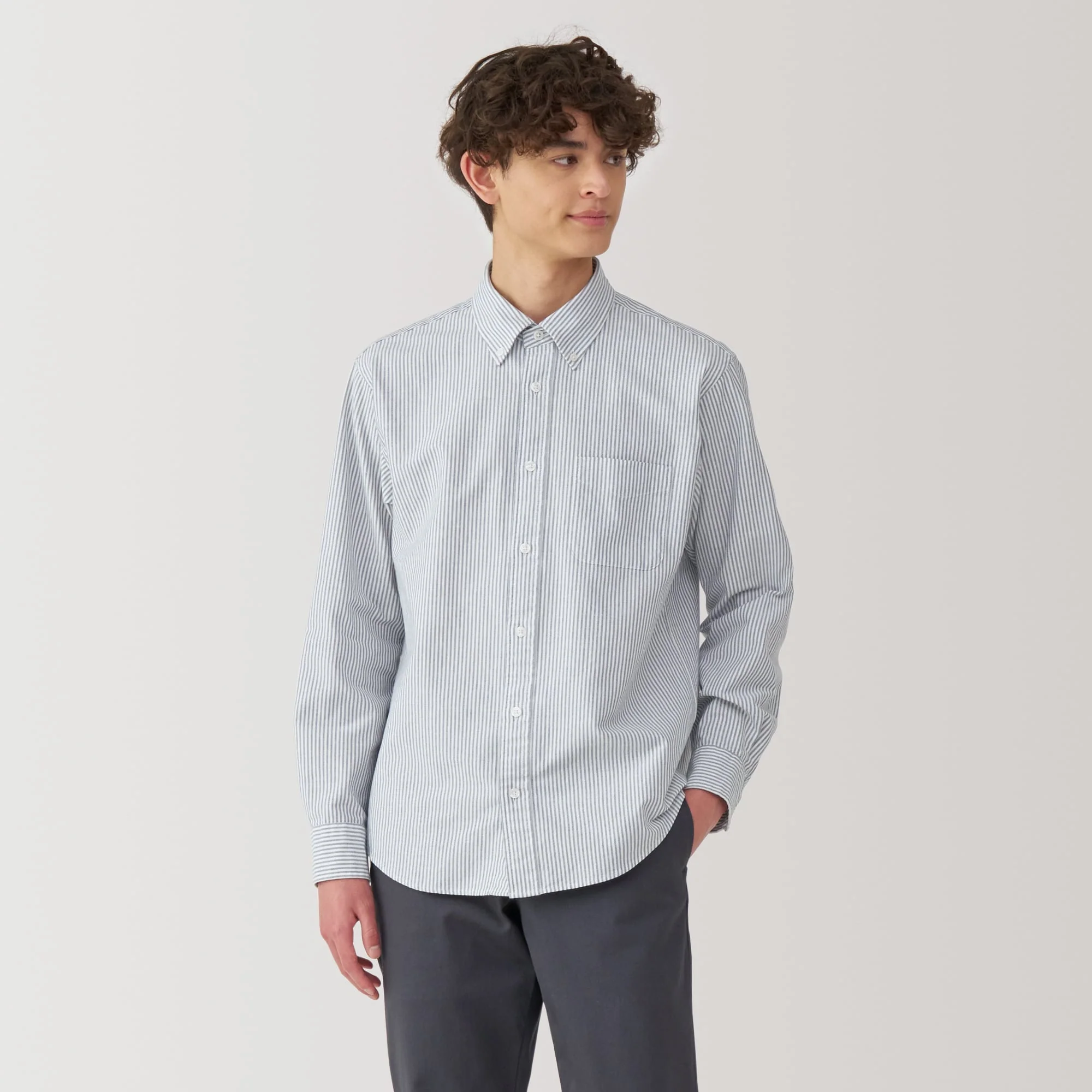 Men's Washed Oxford Button Down Long Sleeve Striped Shirt - Image 10