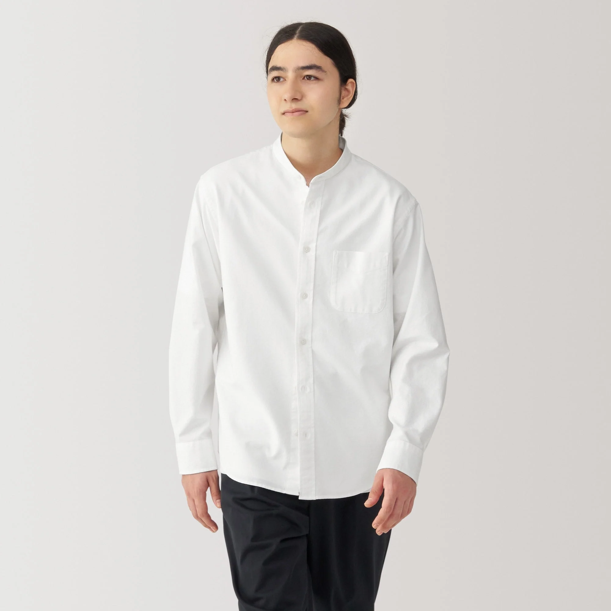 Men's Washed Oxford Stand Collar Long Sleeve Shirt - Image 19