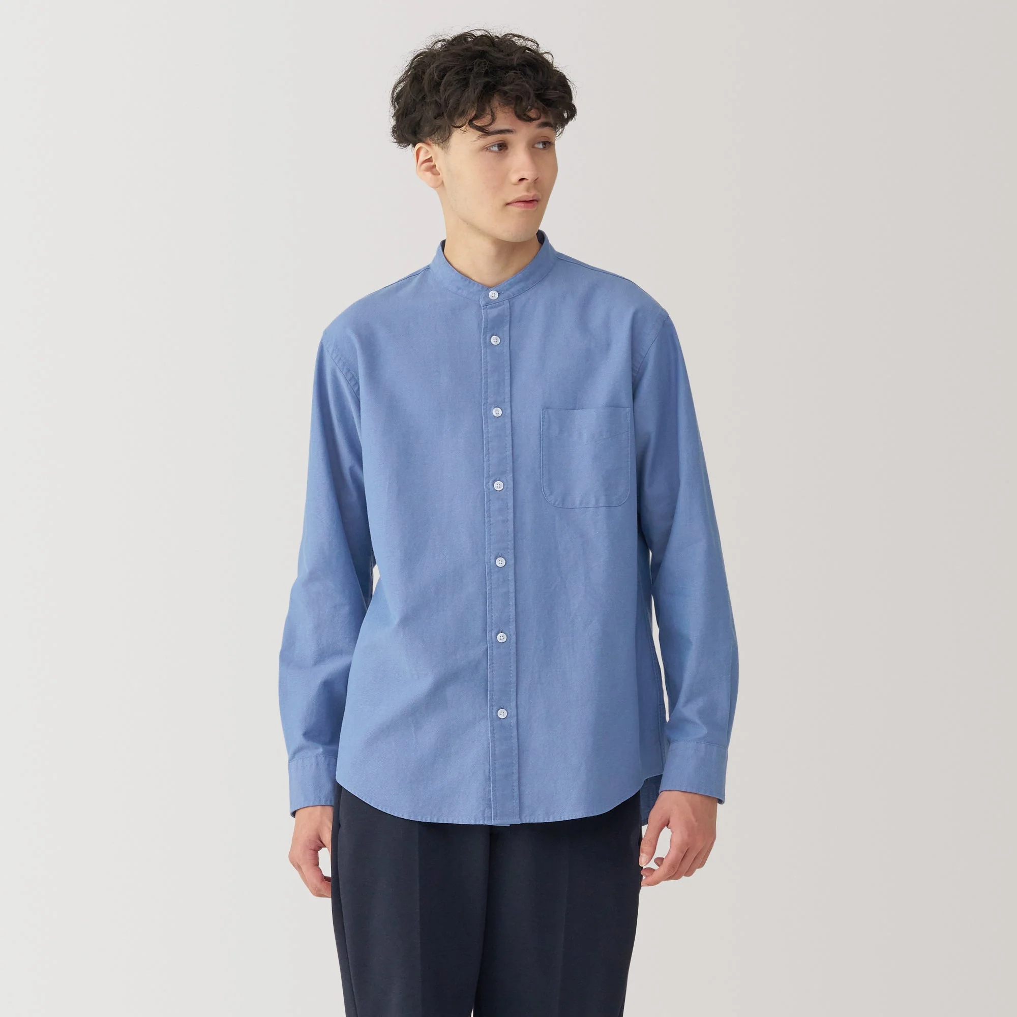 Men's Washed Oxford Stand Collar Long Sleeve Shirt - Image 27