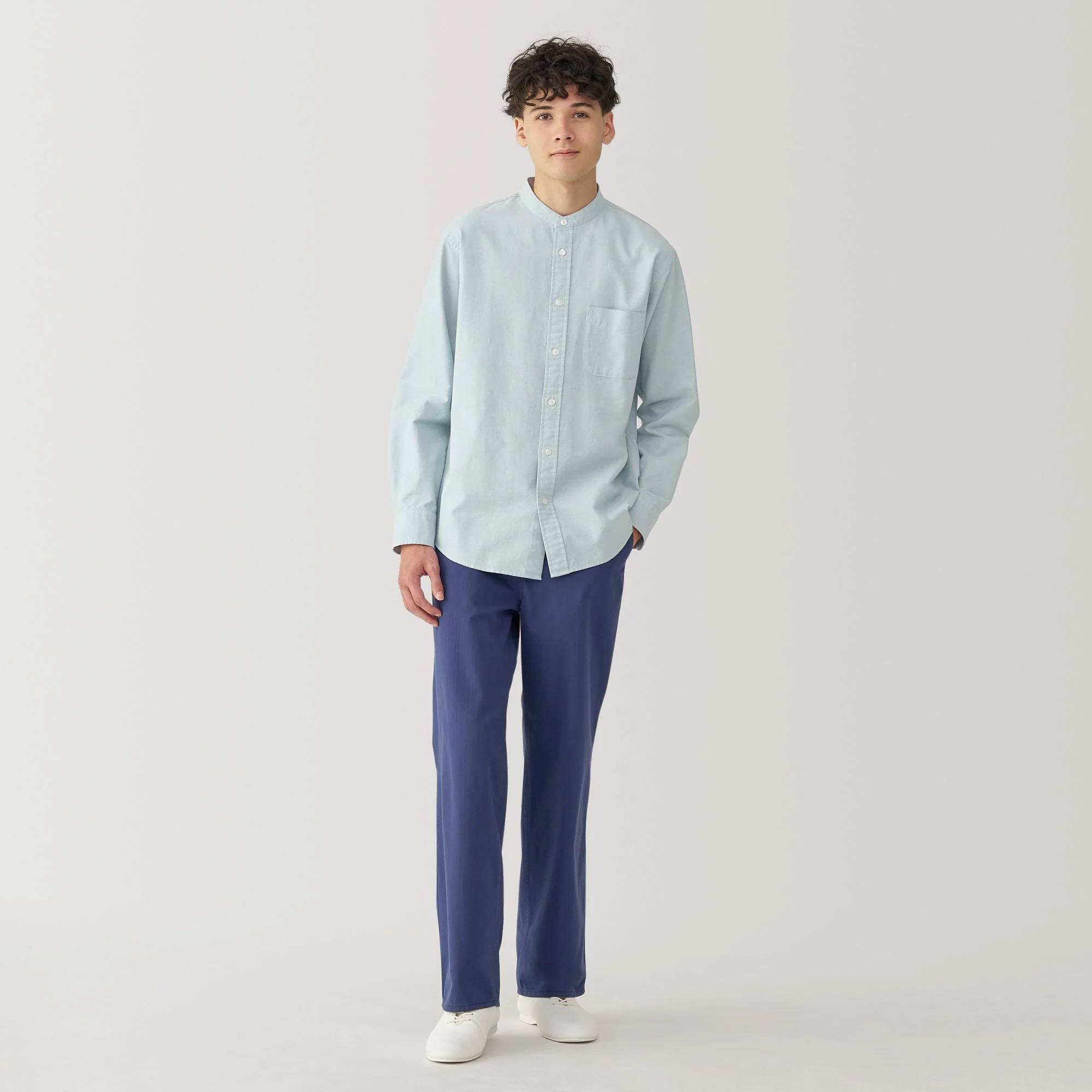 Men's Washed Oxford Stand Collar Long Sleeve Shirt - Image 4