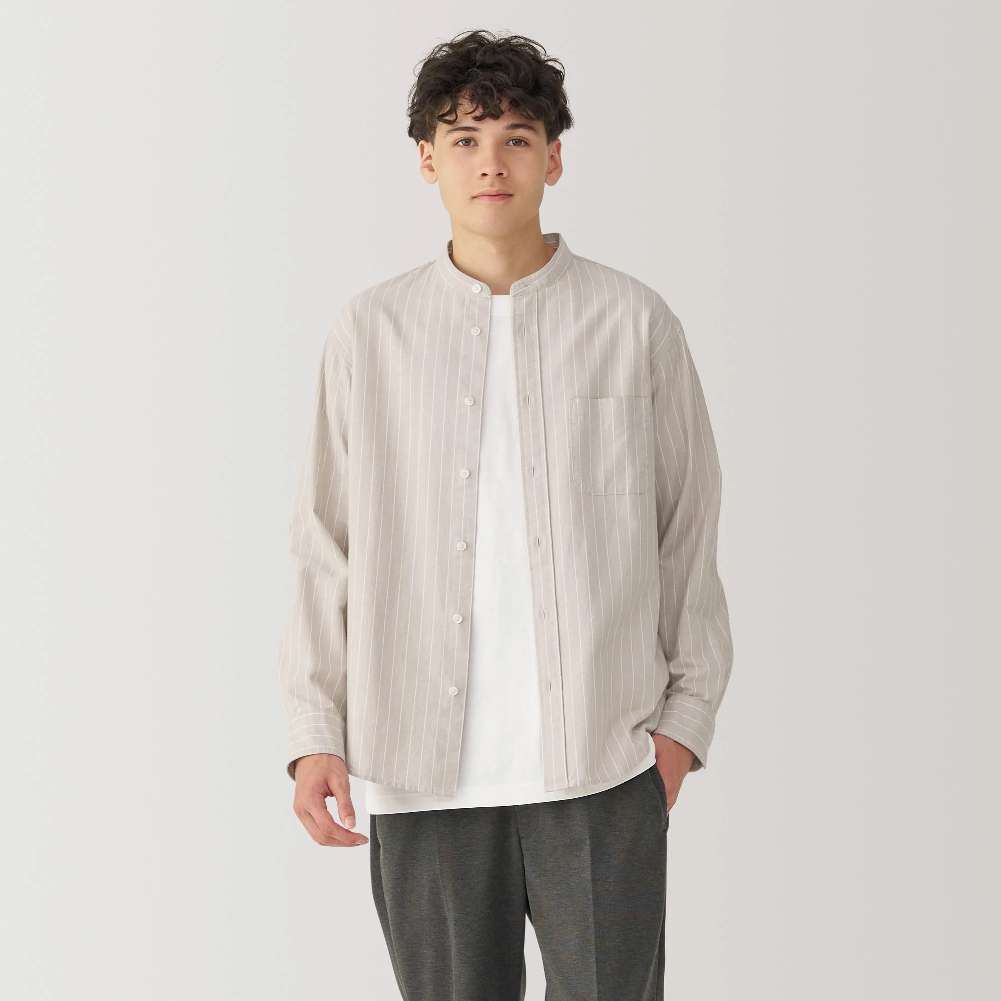Men's Washed Oxford Stand Collar Long Sleeve Striped Shirt - Image 11