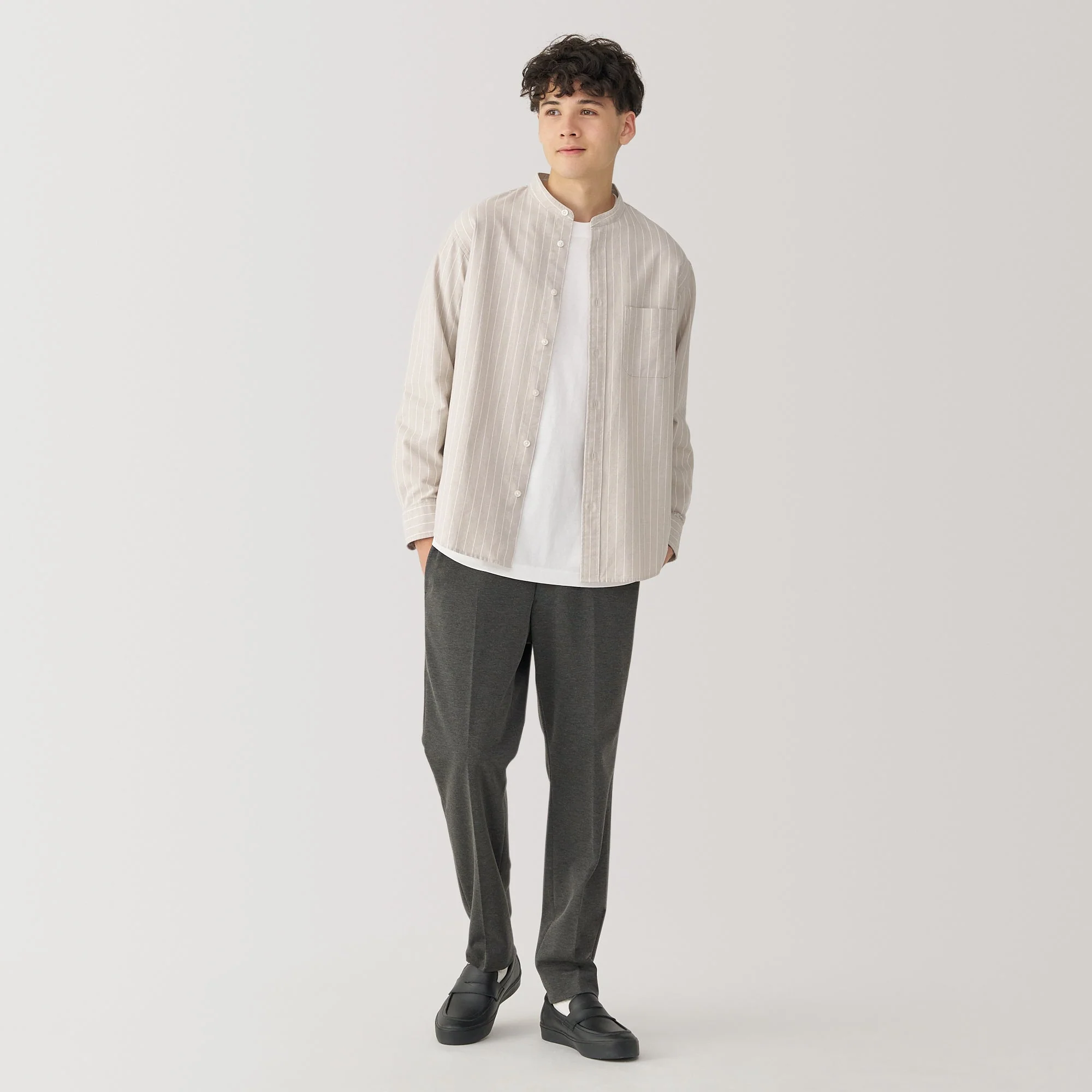 Men's Washed Oxford Stand Collar Long Sleeve Striped Shirt - Image 12