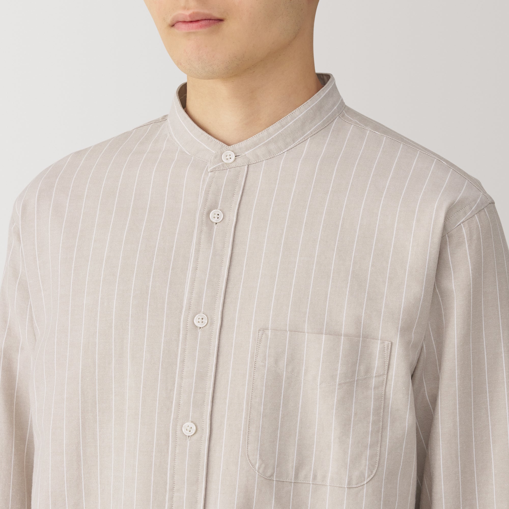 Men's Washed Oxford Stand Collar Long Sleeve Striped Shirt - Image 15