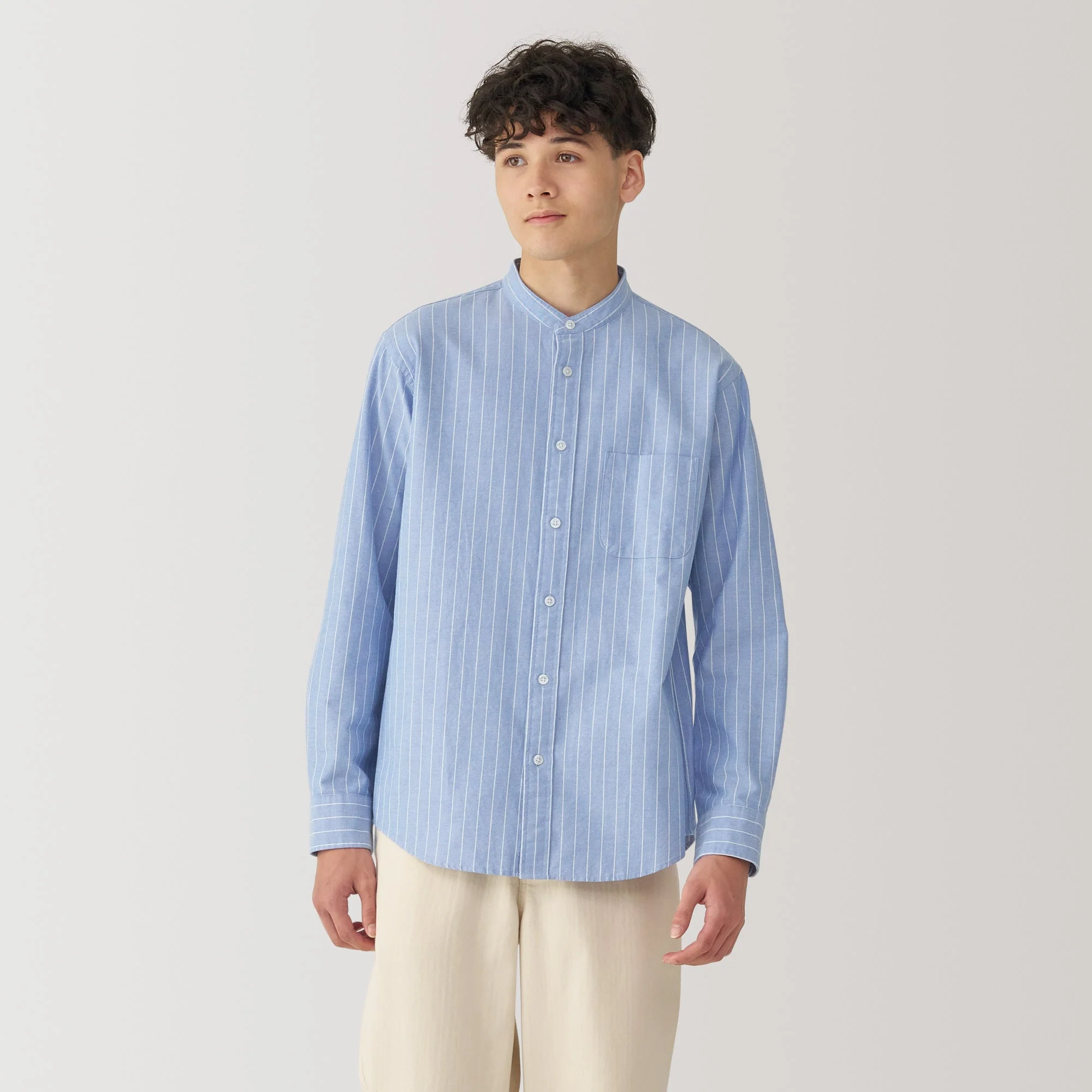 Men's Washed Oxford Stand Collar Long Sleeve Striped Shirt - Image 3