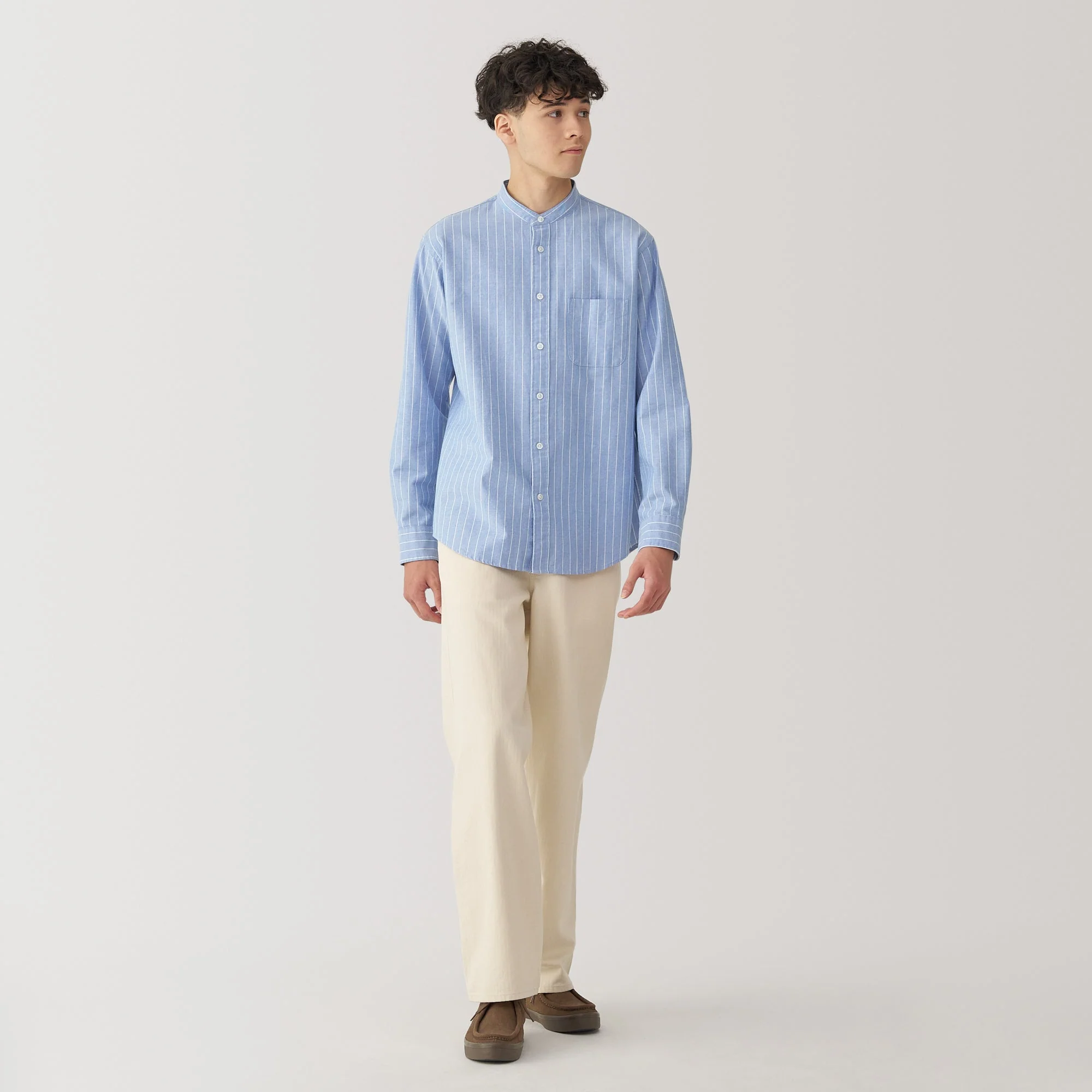 Men's Washed Oxford Stand Collar Long Sleeve Striped Shirt - Image 4