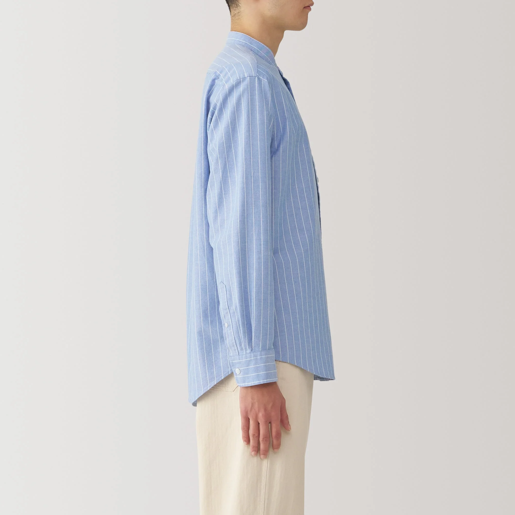 Men's Washed Oxford Stand Collar Long Sleeve Striped Shirt - Image 5