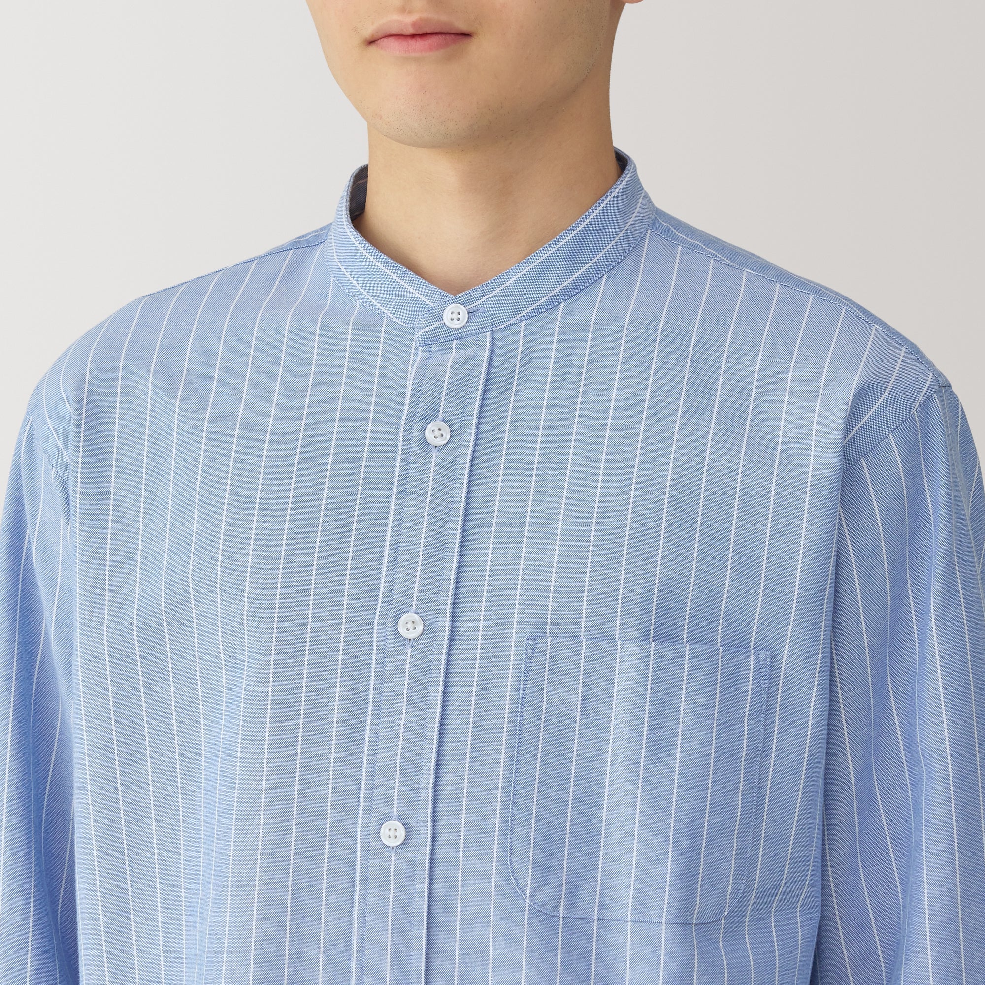 Men's Washed Oxford Stand Collar Long Sleeve Striped Shirt - Image 7