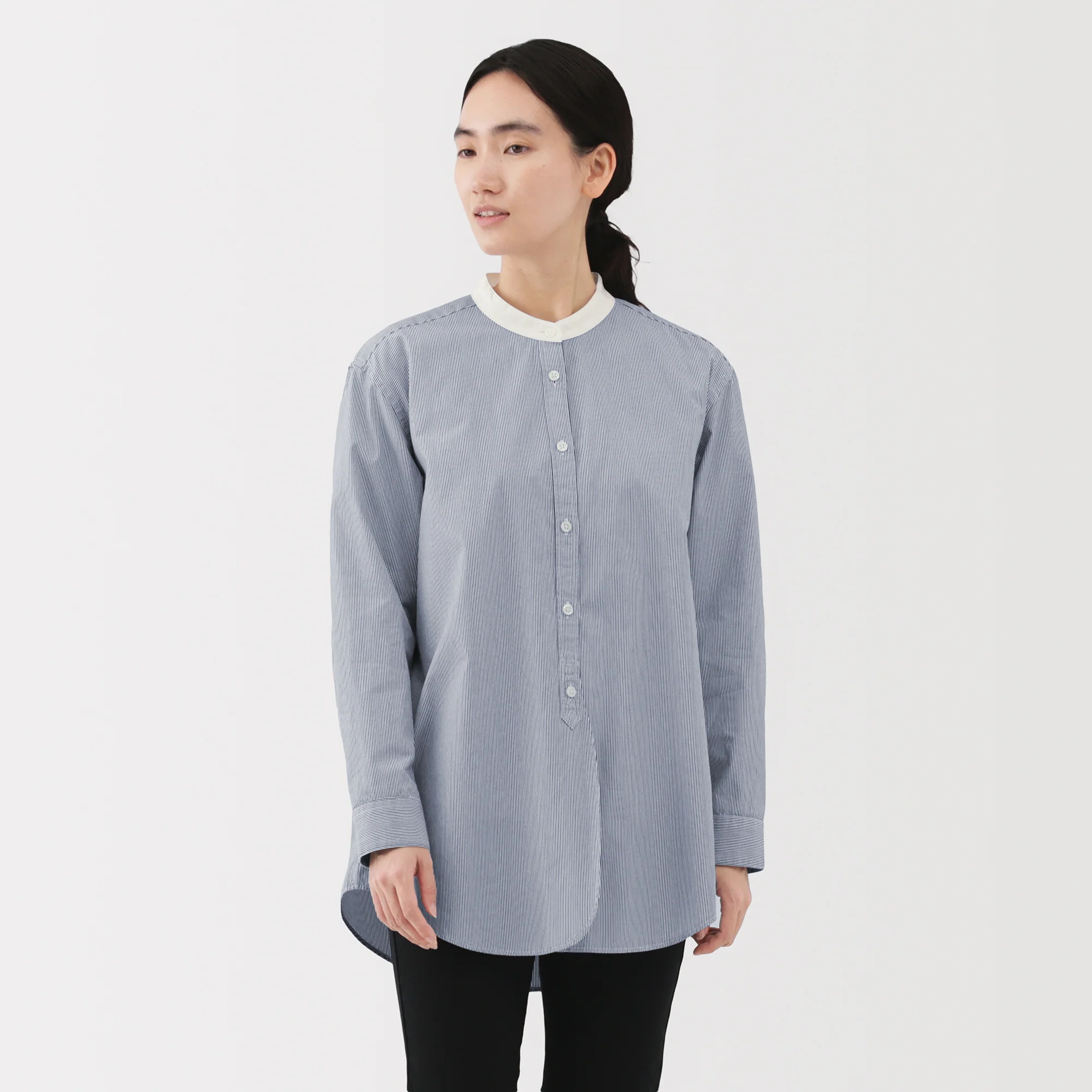 Broadcloth Stand Collar Long Shirt - Image 3