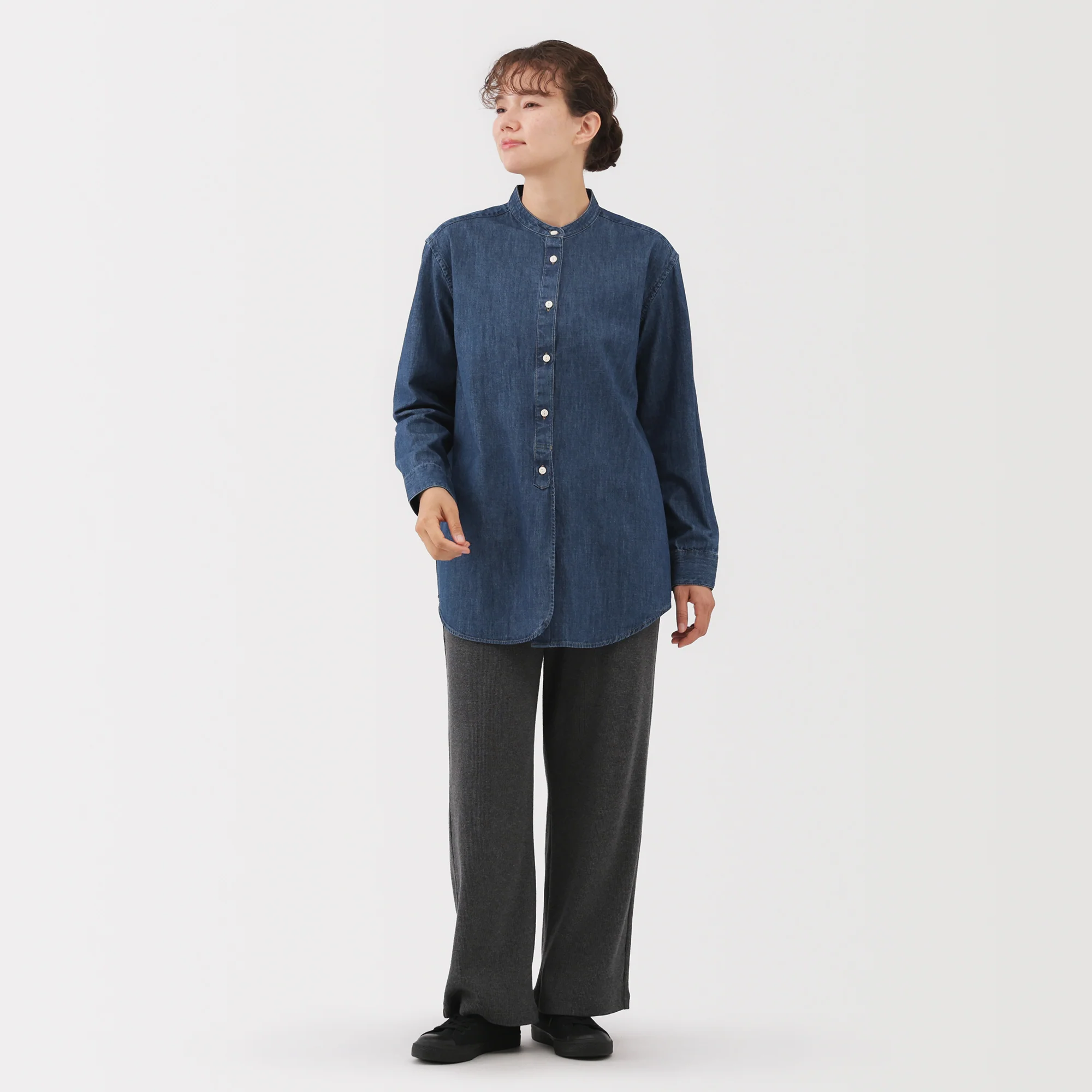 Denim Stand Collar Long Shirt - Image 4