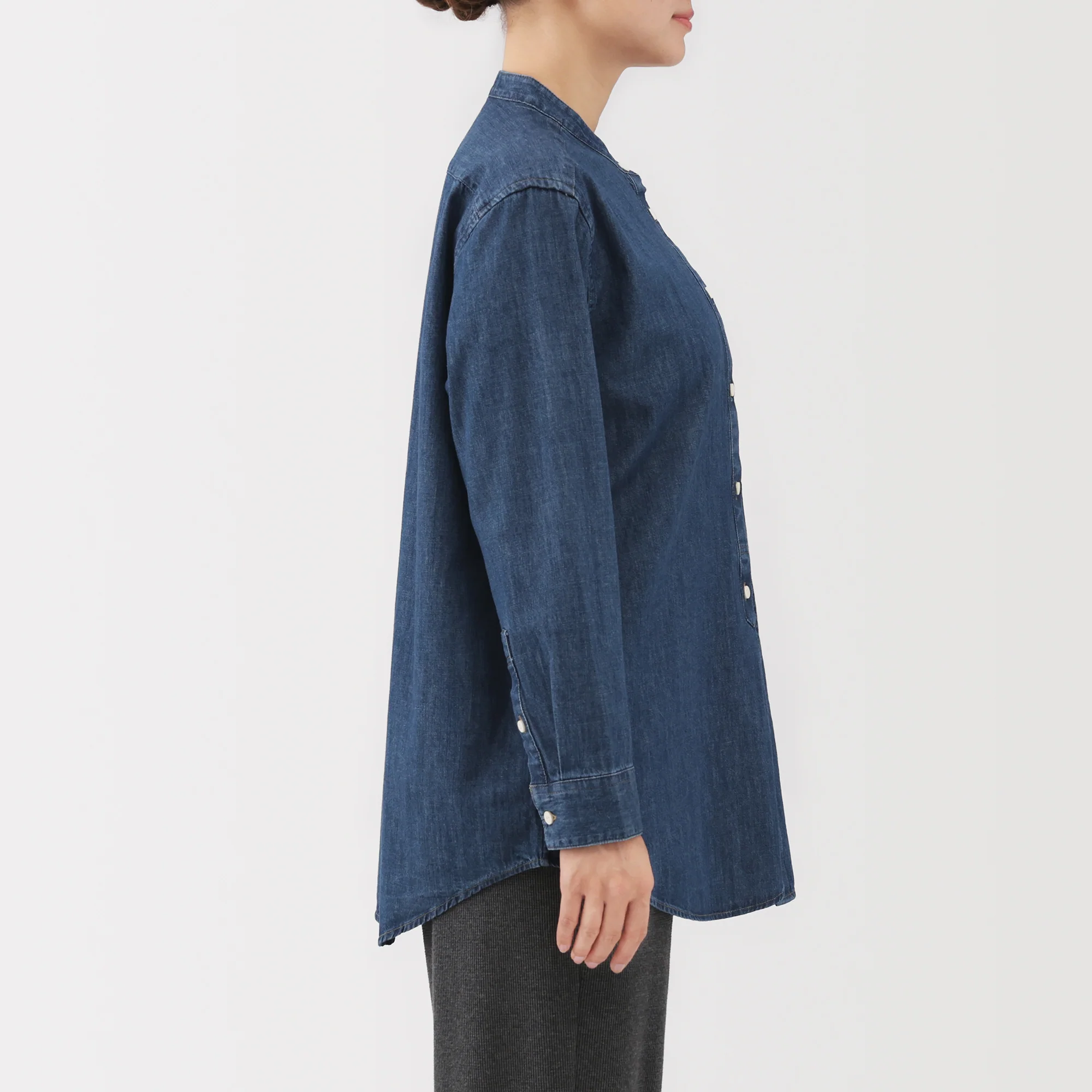 Denim Stand Collar Long Shirt - Image 5