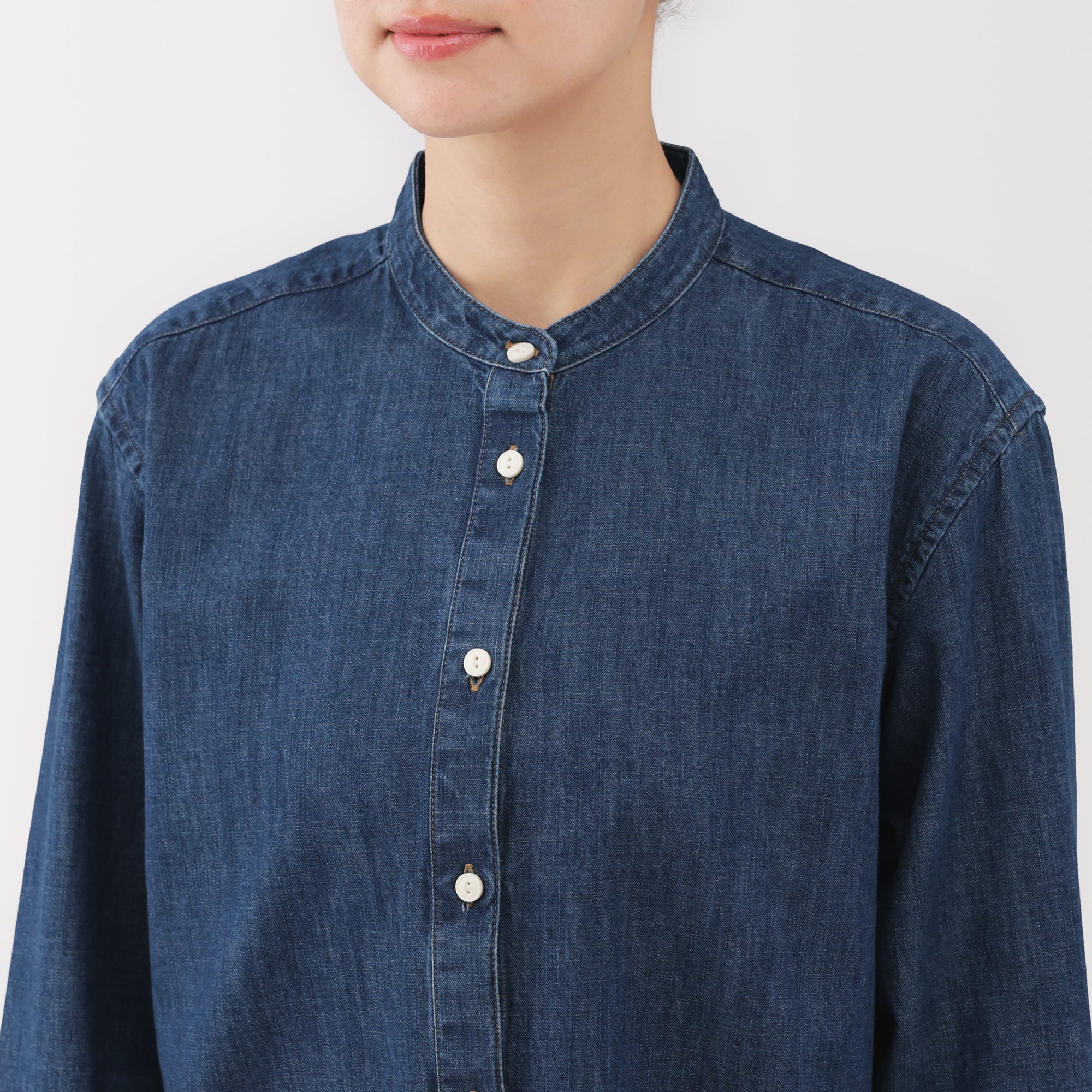 Denim Stand Collar Long Shirt - Image 7