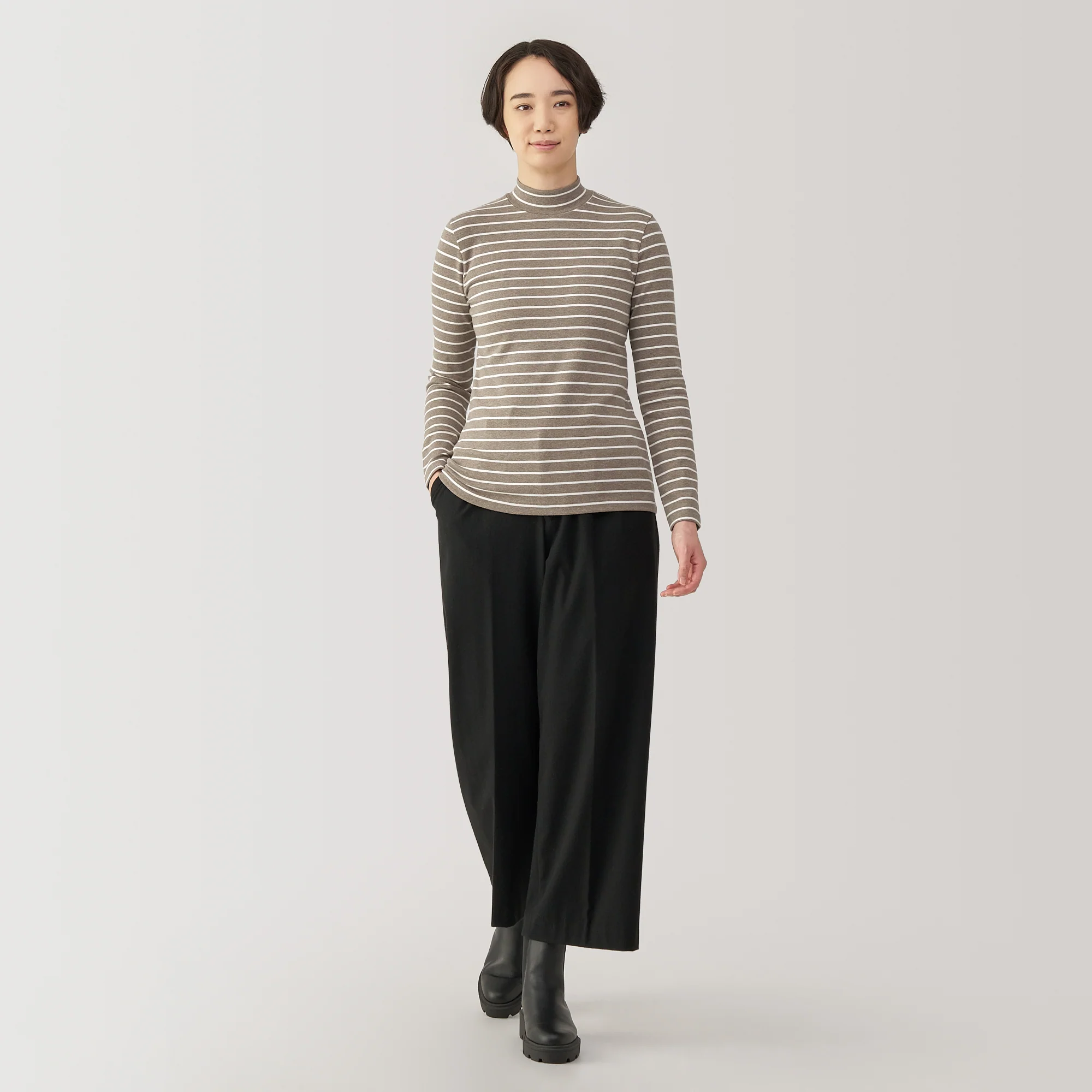 Women's Brushed Ribbed High Neck Long Sleeve Striped T-Shirt - Image 20