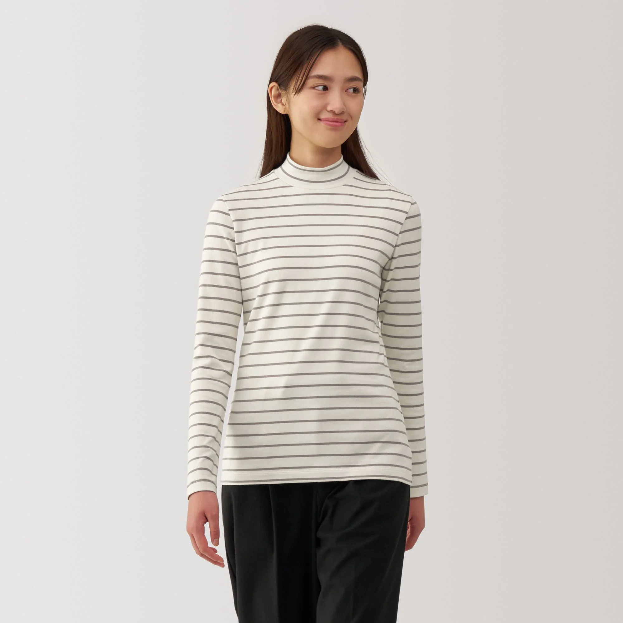 Women's Brushed Ribbed High Neck Long Sleeve Striped T-Shirt - Image 3