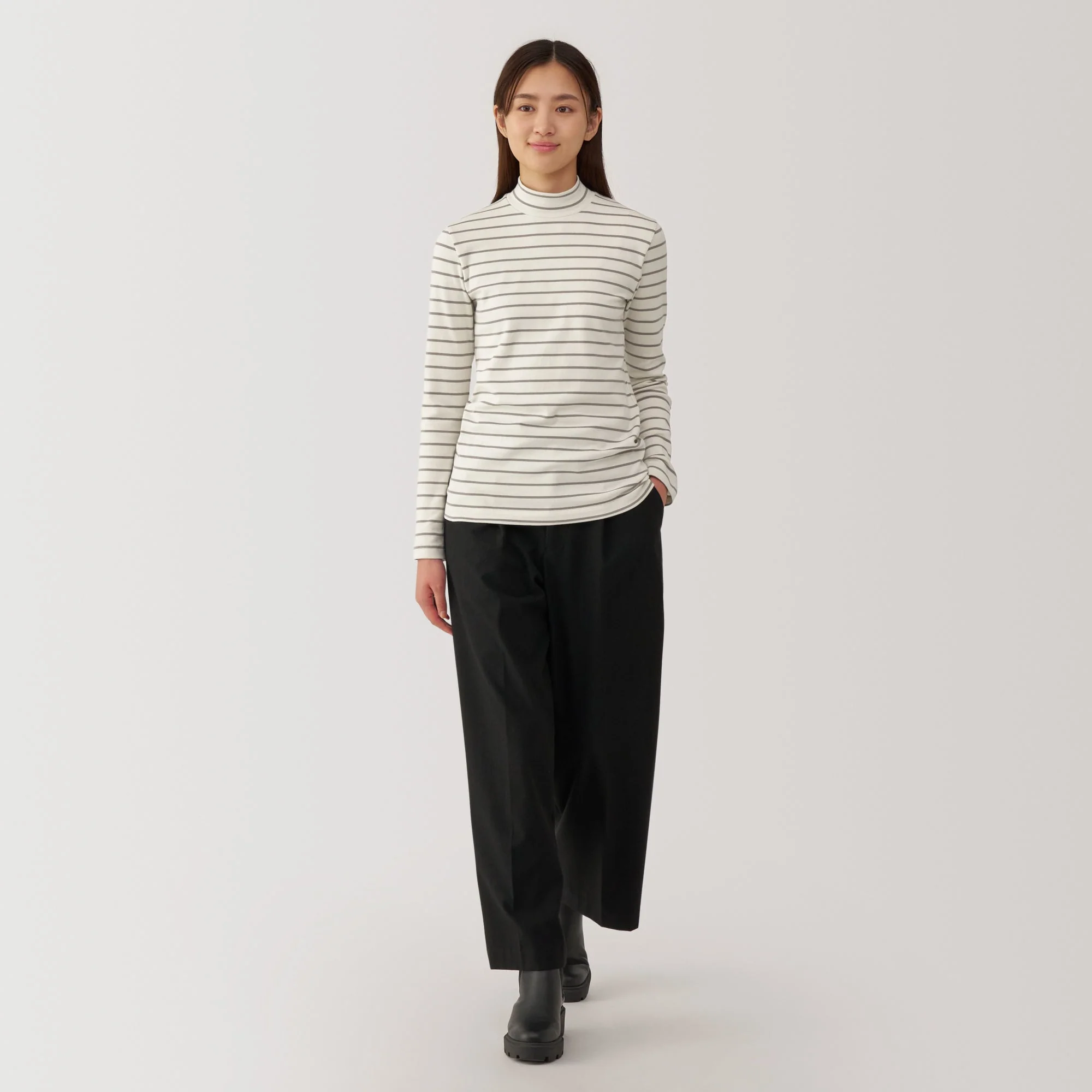 Women's Brushed Ribbed High Neck Long Sleeve Striped T-Shirt - Image 4