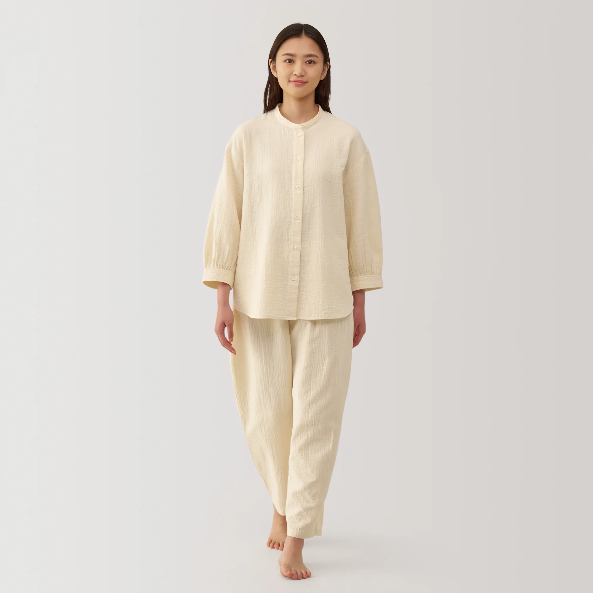 Women's Crinkle Gauze Stand Collar 3/4 Sleeve Pajamas