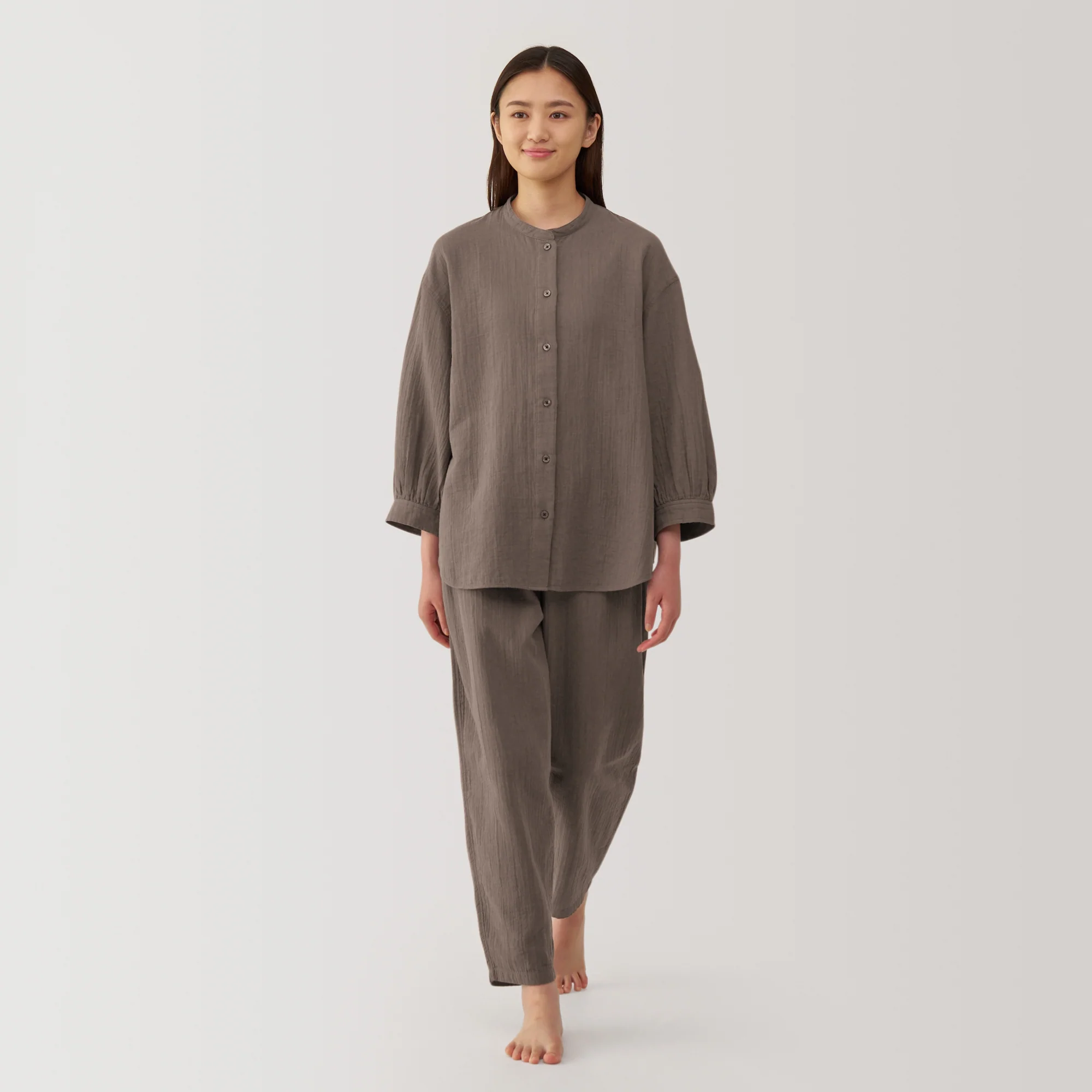 Women's Crinkle Gauze Stand Collar 3/4 Sleeve Pajamas - Image 12