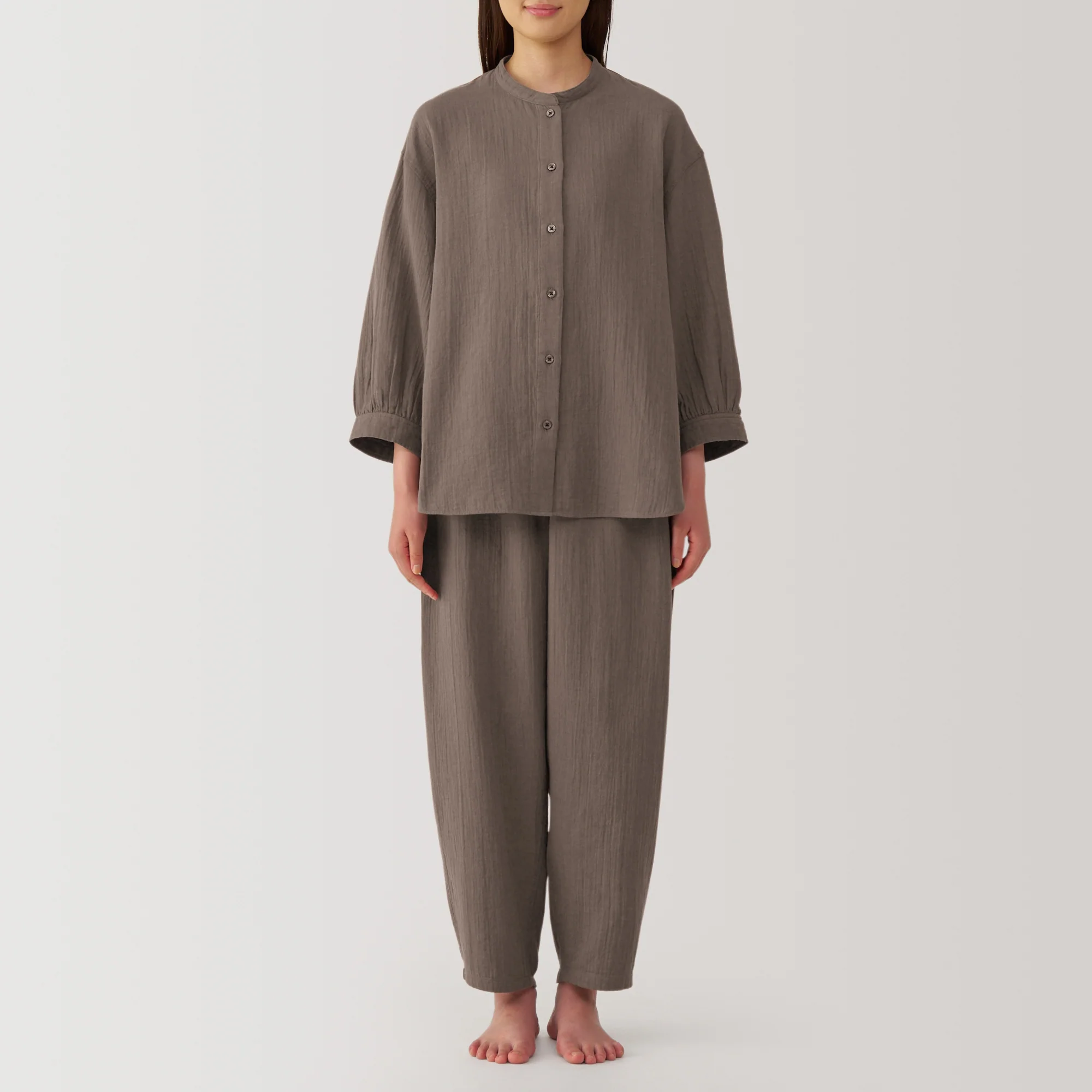 Women's Crinkle Gauze Stand Collar 3/4 Sleeve Pajamas - Image 13