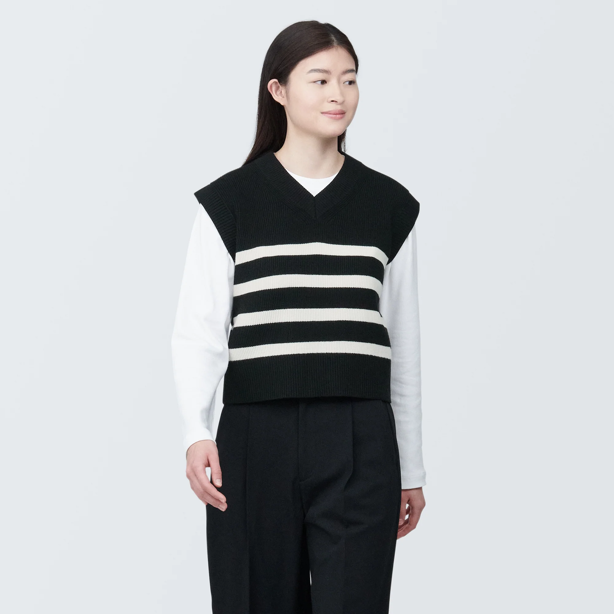 Women's Washable Rib Knit V-Neck Striped Short Vest