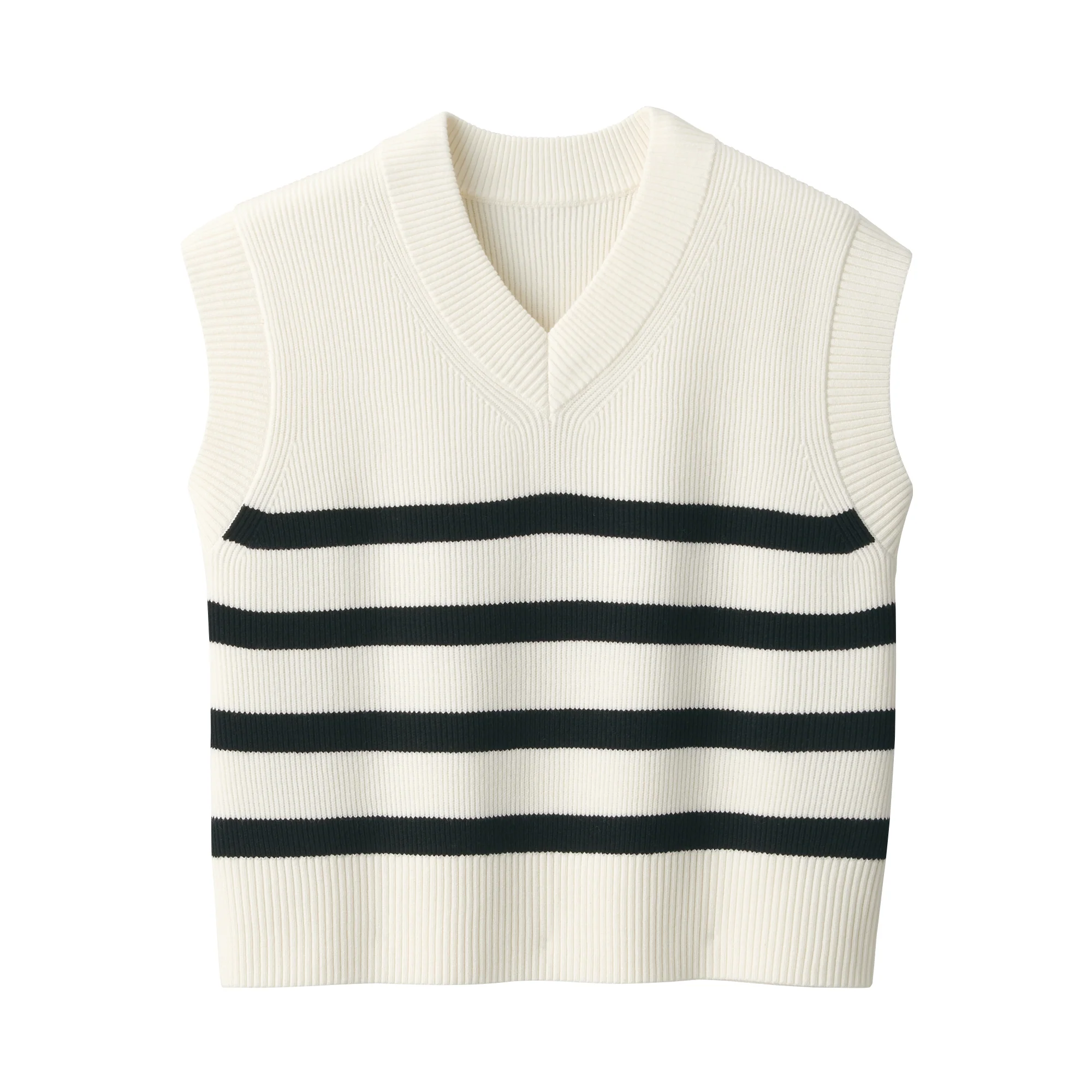 Women's Washable Rib Knit V-Neck Striped Short Vest - Image 9