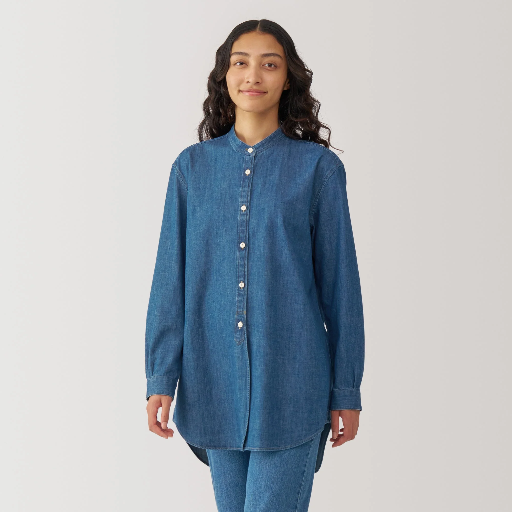 Women's Washed Denim Stand Collar Long Shirt - Image 3