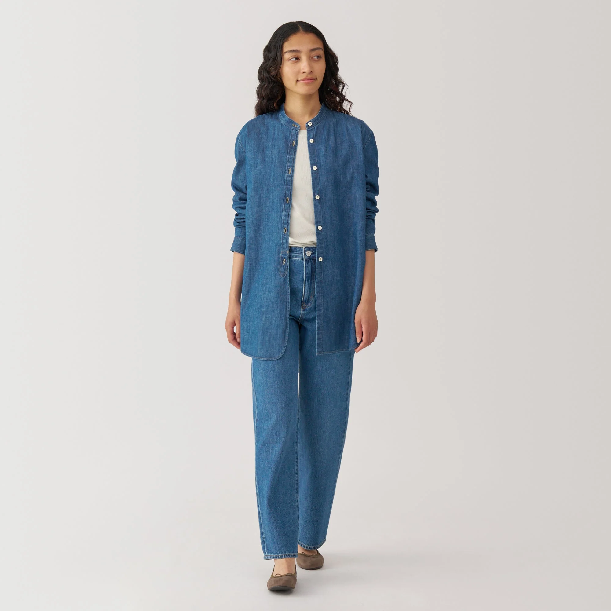 Women's Washed Denim Stand Collar Long Shirt - Image 4