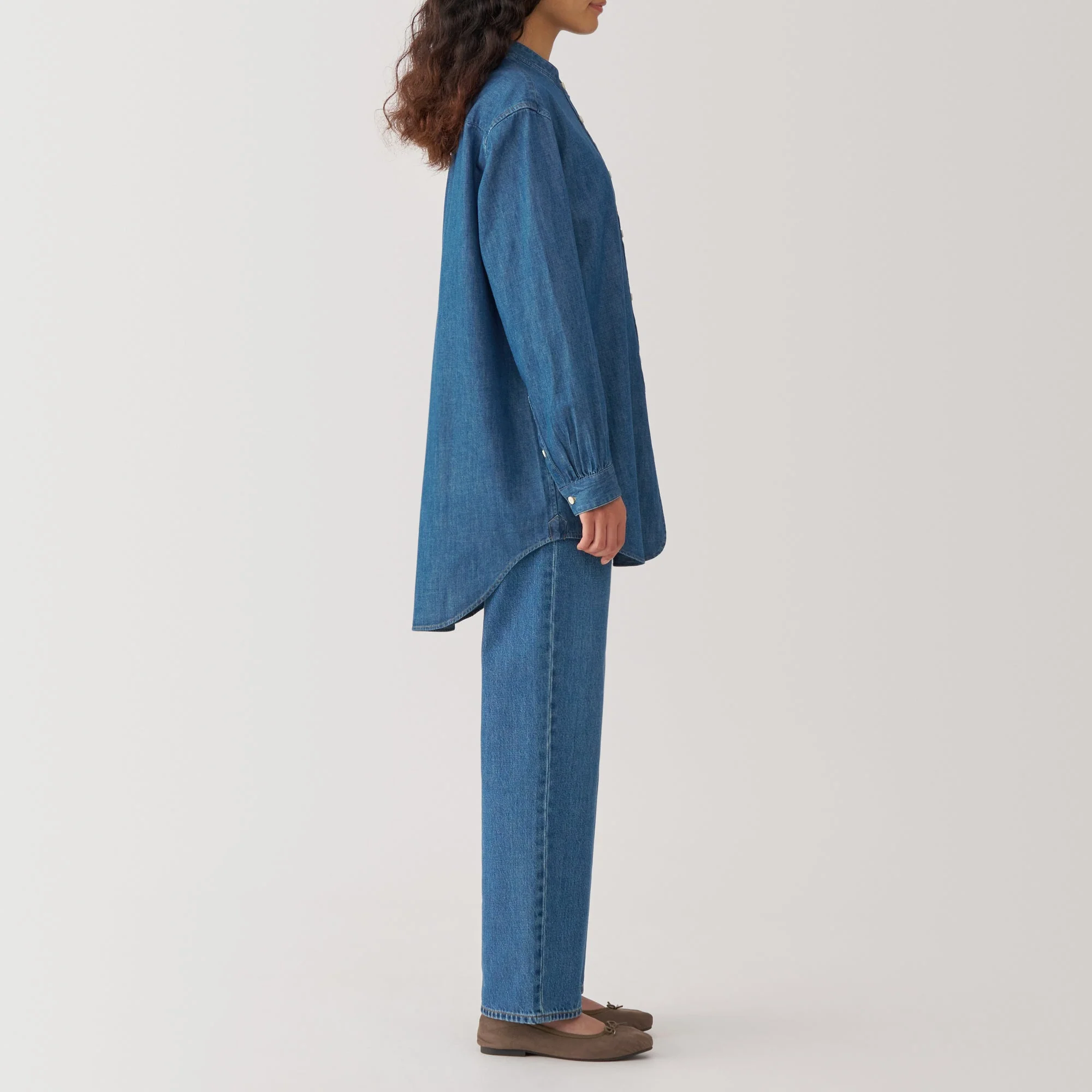Women's Washed Denim Stand Collar Long Shirt - Image 5