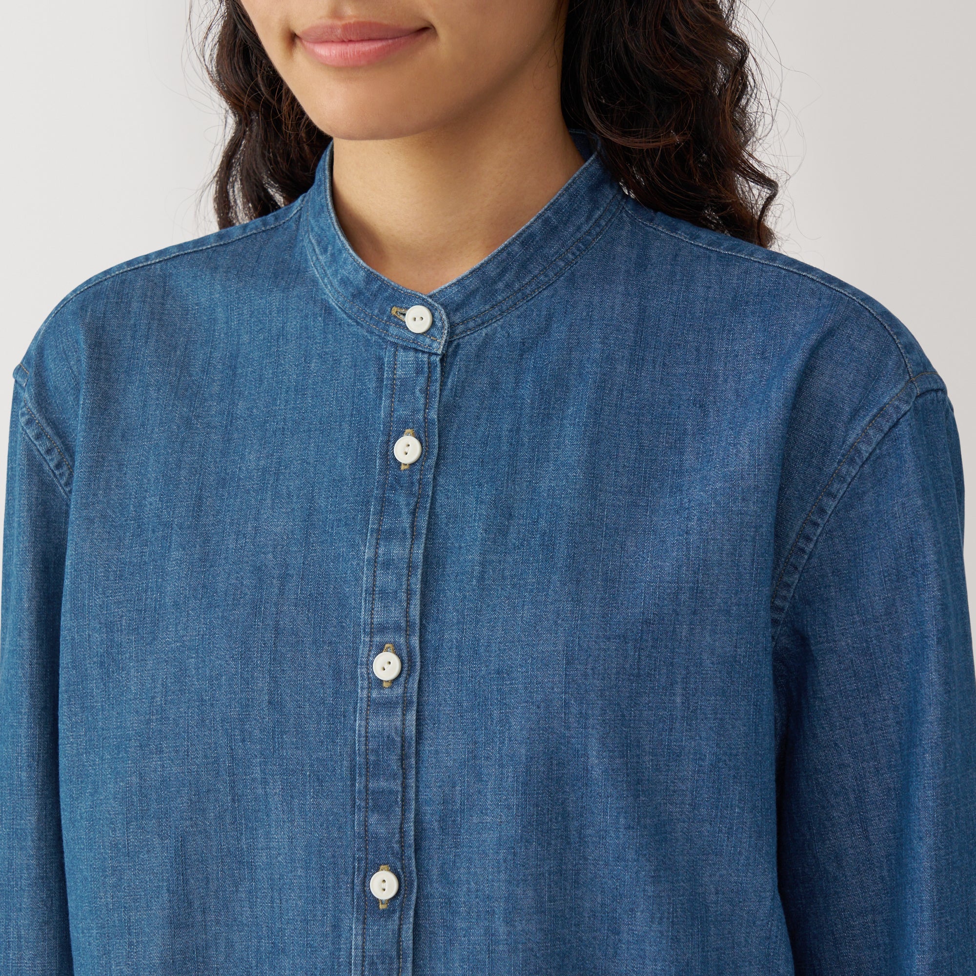 Women's Washed Denim Stand Collar Long Shirt - Image 7